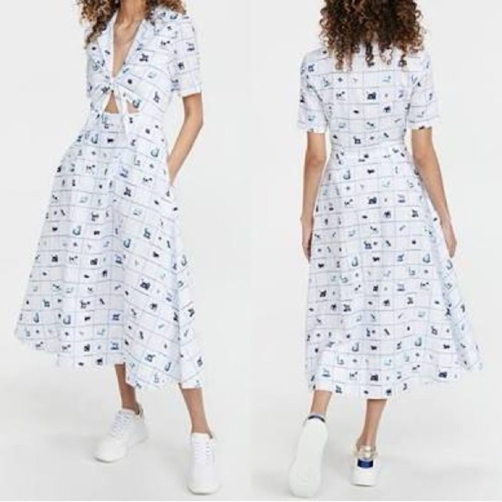 STAUD White and Blue Patterned Midi Dress